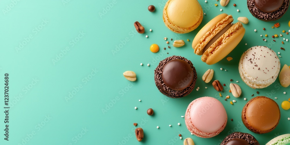 Fototapeta premium Colorful decorative pastries on a rustic table vibrant lighting topdown angle stunning presentation