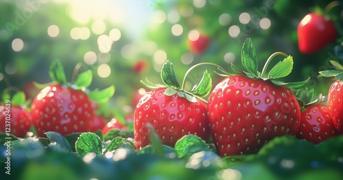 Fresh strawberries growing in vibrant sunlight at a farm during summer season