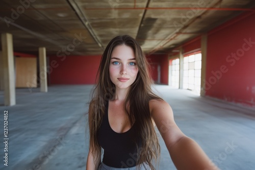 Free Download Woman Taking a Selfie in an Abandoned Industrial Building. Generative AI. - GFXLoad