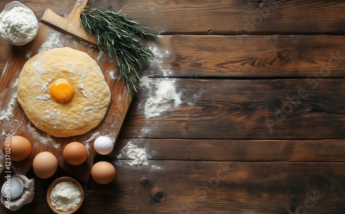 Baking dough with fresh ingredients on a wooden surface in a rustic kitchen
