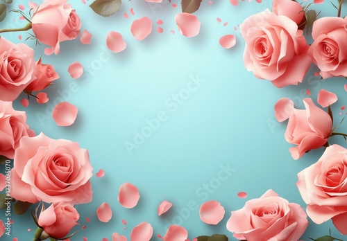 Beautiful pink roses with petals arranged on a light blue background for a de...