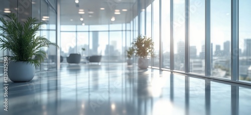 Modern office interior with large windows and city view during daylight hours