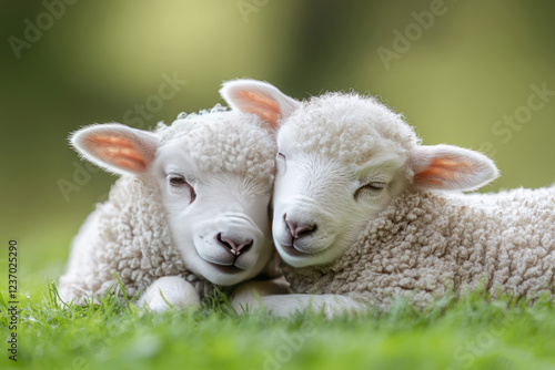 two little lambs lying next to each other on the green grass.  