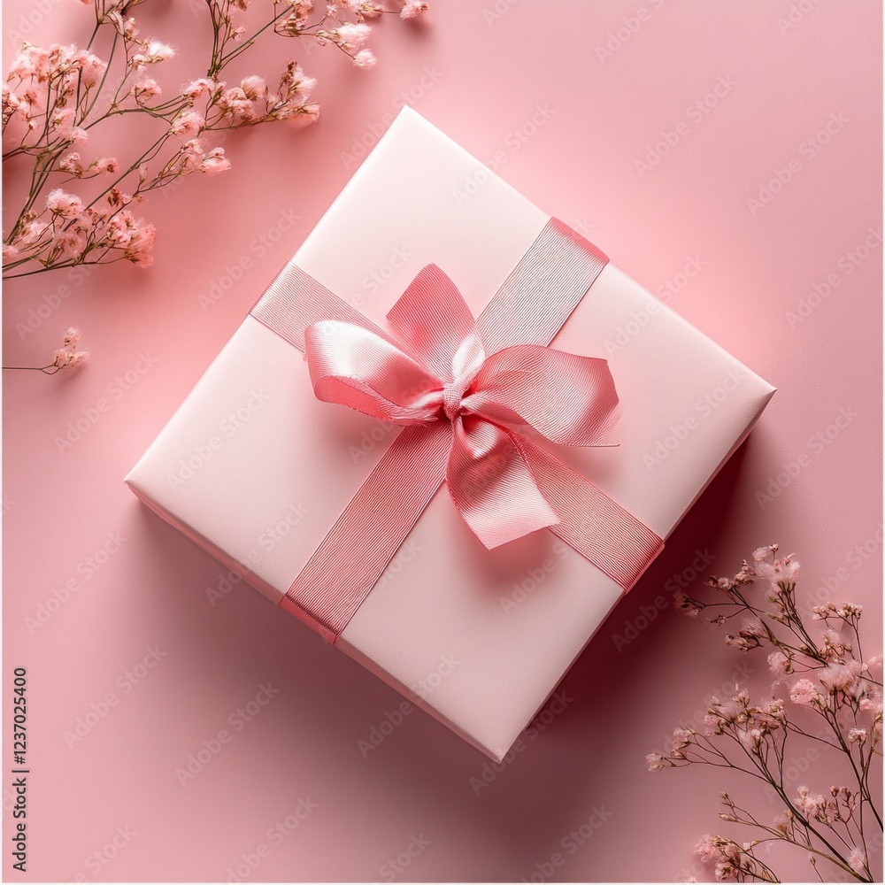Elegant pink gift box with delicate ribbon surrounded by soft baby's breath flowers on pastel background Elegant pink gift box with delicate ribbon surrounded by soft baby's breath flowers on pastel background