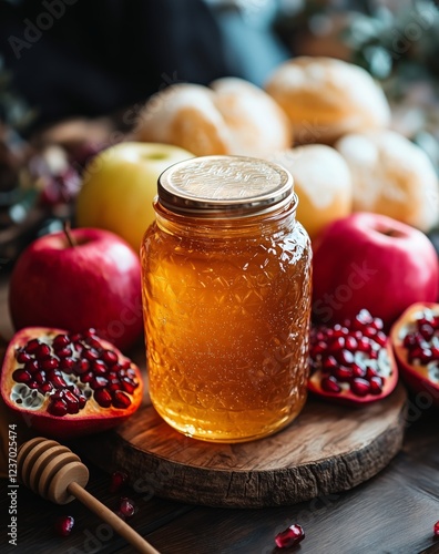 Fresh honey jar surrounded by apples, pomegranates, and baked goods on a rust...