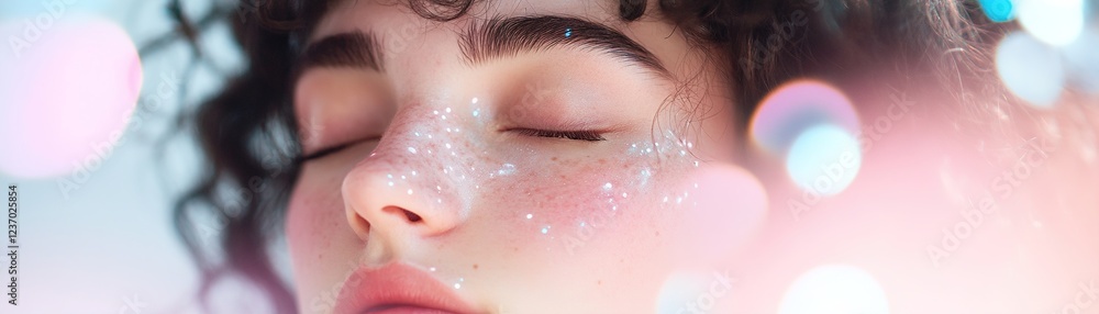 Naklejka premium Close-up of a person with closed eyes, displaying sparkling freckles and soft, blurred layers around. The background features vibrant light streaks, enhancing the artistic mood