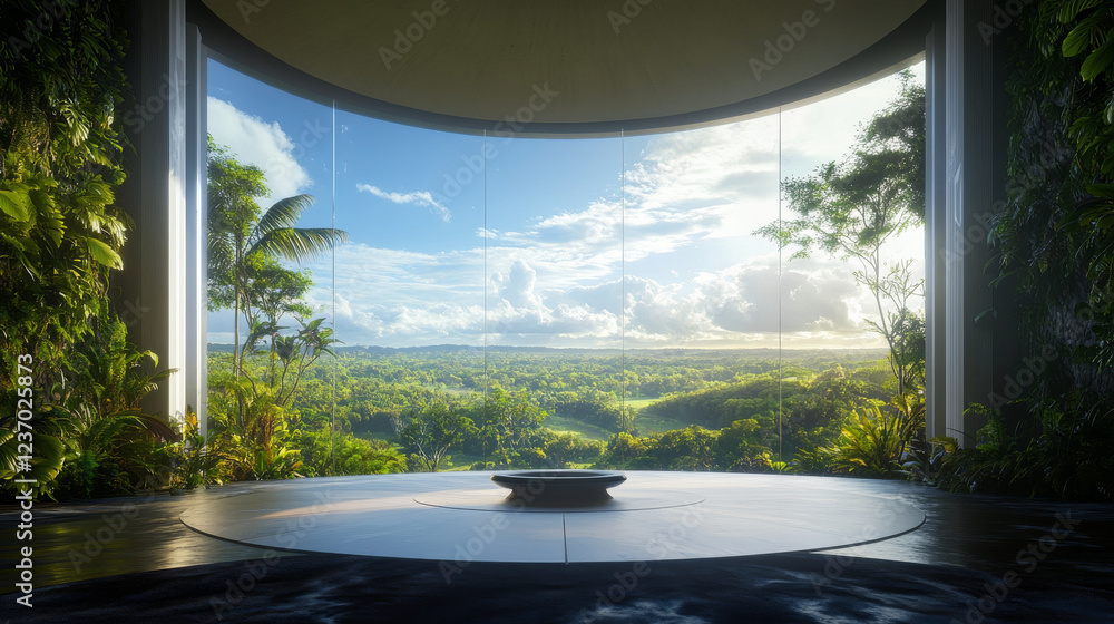 Fototapeta premium Spacious circular room with large porthole window overlooking a green landscape 360 panorama vr environment map. 3D Illustration