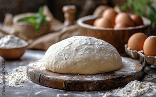 Freshly kneaded dough resting on a wooden board with eggs and flour in a rust...