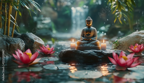 Buddha statue surrounded by lotus flowers and candles in a tranquil garden se...