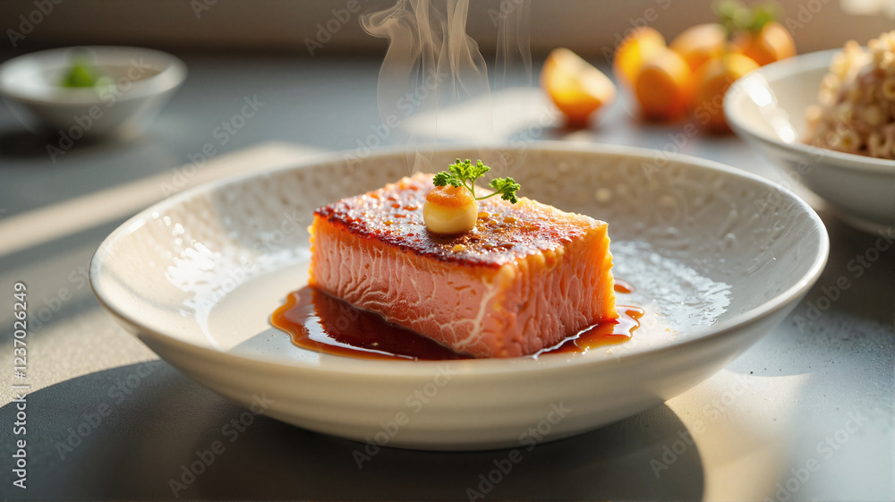 Delicious salmon fillet garnished with sauce in elegant dish, culinary art Delicious salmon fillet garnished with sauce in elegant dish, culinary art