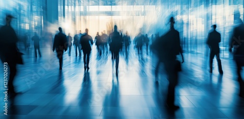 People walking in a modern building with glass walls during sunset