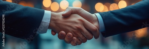 Business professionals shaking hands in a modern conference setting at night