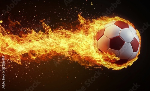 Soccer ball engulfed in flames propelling through dark background in dynamic ...