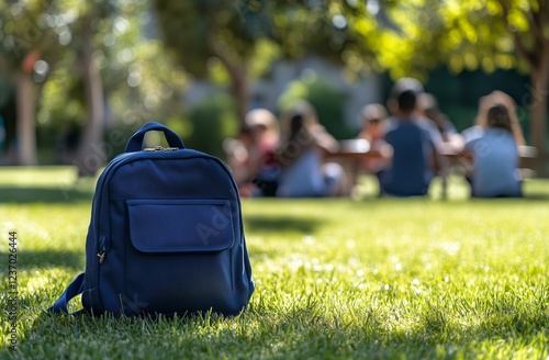 Group of children playing in a park with a blue backpack sitting on the grass...