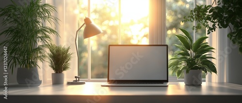 Bright and inviting workspace with laptop and plants near window at sunrise