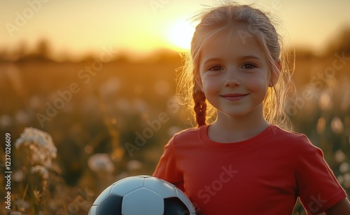 Young girl smiles with a soccer ball during sunset in a field