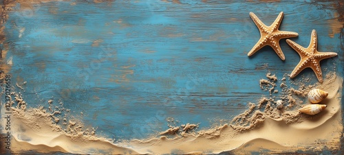 Coastal artwork featuring starfish and seashells on sandy shoreline with blue...
