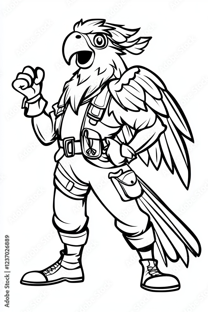Fototapeta premium A cartoon-style anthropomorphic parrot character in a playful pose, ready for adventure.
