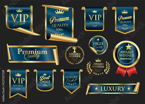 VIP and premium emblem and badges blue and gold color isolated on black background stock illustration