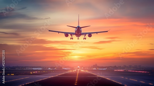 airplane landing at sunset