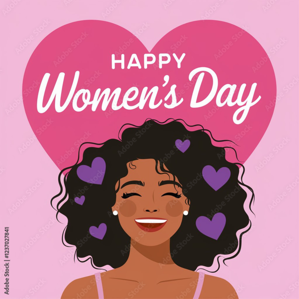 happy womens day card girl curly hair purple hearts image vector illustration happy womens day card girl curly hair purple hearts image vector illustration
