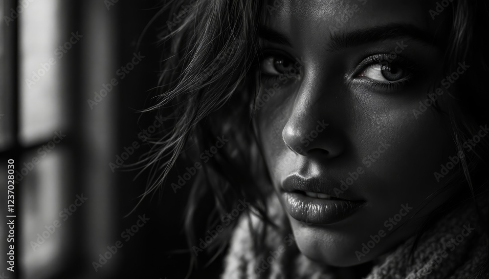 Monochrome portrait of a woman's face showcasing delicate features and soft shadows Monochrome portrait of a woman's face showcasing delicate features and soft shadows