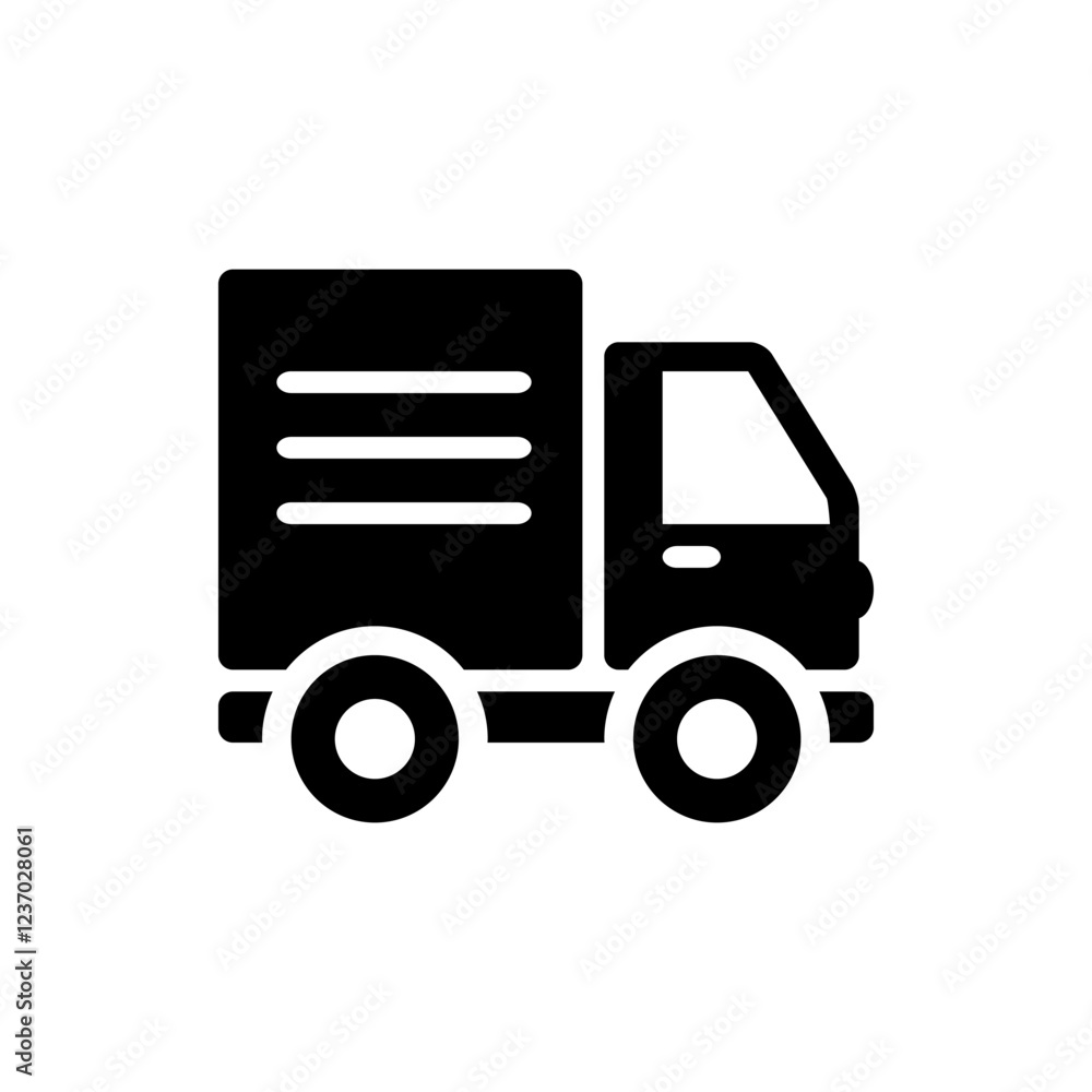 Logistics Icon. A black and white graphic of a delivery van with two shelves on its side, representing logistical efficiency and transportation services. Logistics Icon. A black and white graphic of a delivery van with two shelves on its side, representing logistical efficiency and transportation services.
