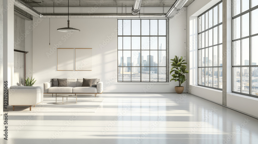 Fototapeta premium white empty lounge classic bright studio interior with big windows and neat details 3d render illustration