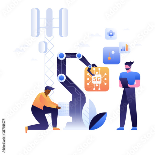 5G Technology Integration. Technician and robotic arm integrating 5G network tower, emphasizing the synergy between advanced robotics and high-speed communication technology.