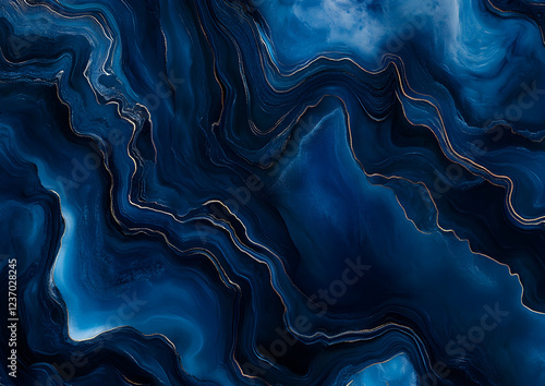 Deep blue abstract fluid art with swirling patterns and golden accents creating a mesmerizing visual experience