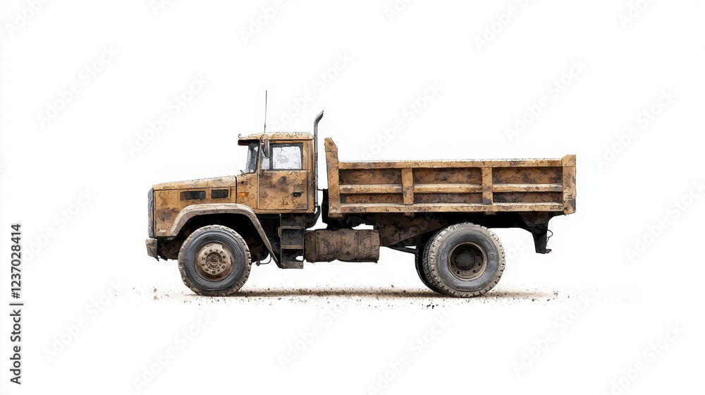 weathered dump truck with dirty exterior, showcasing its rugged design and sturdy build weathered dump truck with dirty exterior, showcasing its rugged design and sturdy build