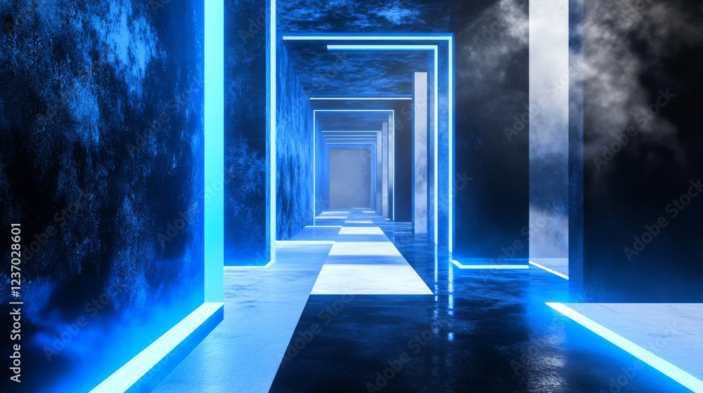 dark black and white abstract futuristic environment with concrete floor and blue and violet neon laser lights 3d render illustration dark black and white abstract futuristic environment with concrete floor and blue and violet neon laser lights 3d render illustration