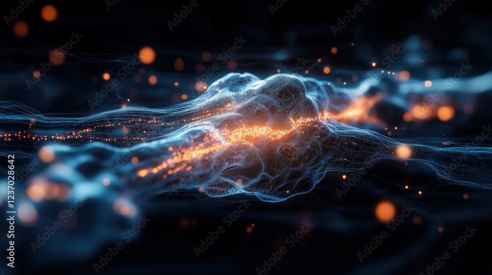 Flow of energy in a vibrant abstract representation of molecular interactions and light particles in a dark background Flow of energy in a vibrant abstract representation of molecular interactions and light particles in a dark background