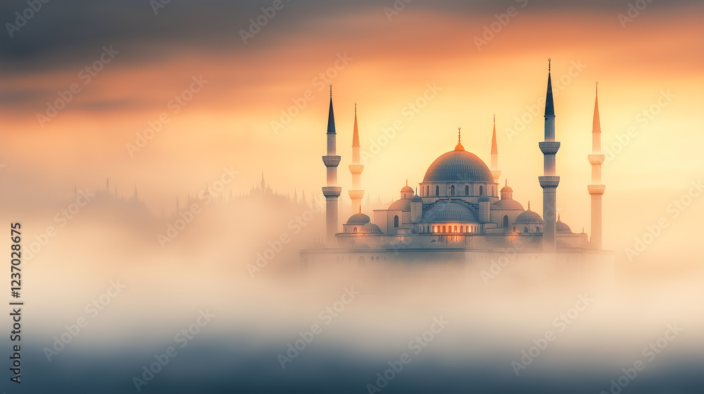 Fototapeta premium Majestic mosque at sunrise surrounded by misty fog with elegant minarets and dramatic sky.