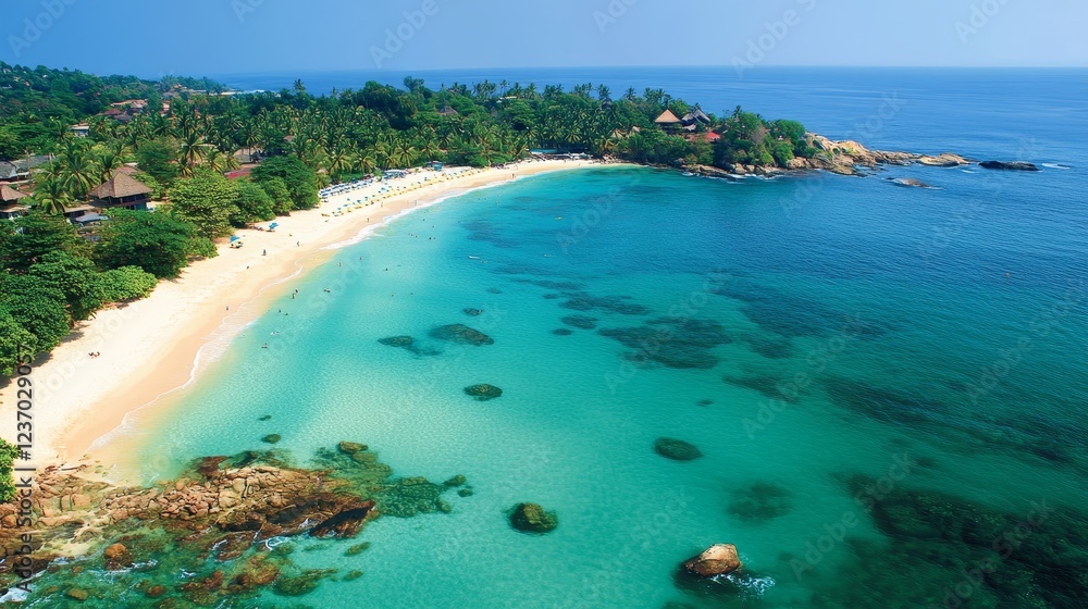 Obraz premium Stunning bird's-eye view of Unawatuna beach in Sri Lanka, showcasing its pristine sands and crystal-clear waters.