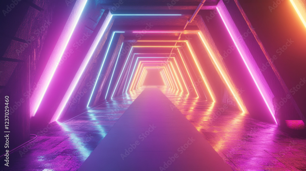 Fototapeta premium Futuristic Neon Triangle Corridor 3d render illustration. 3D Illustration