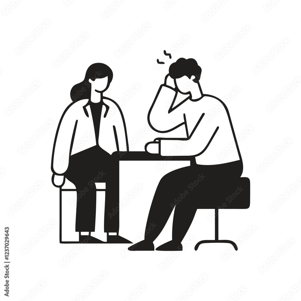 Patient in the doctor’s office. Doctor consultation. Man with headache visit diagnosis. Vector flat cartoon illustration. Patient in the doctor’s office. Doctor consultation. Man with headache visit diagnosis. Vector flat cartoon illustration.