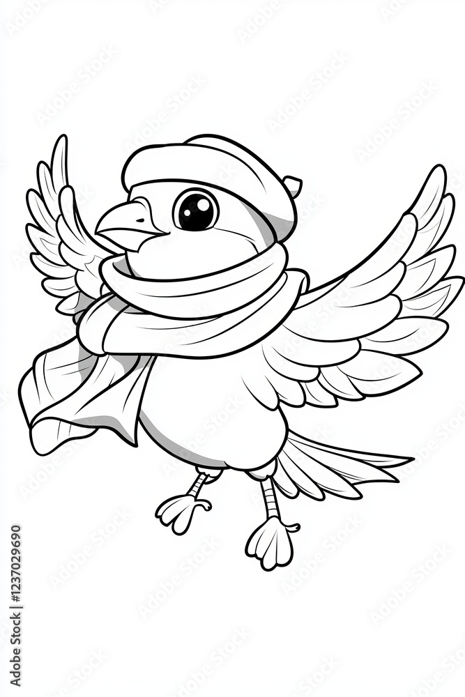A cute cartoon bird wearing a hat and scarf, spreading its wings wide in a joyful pose. A cute cartoon bird wearing a hat and scarf, spreading its wings wide in a joyful pose.