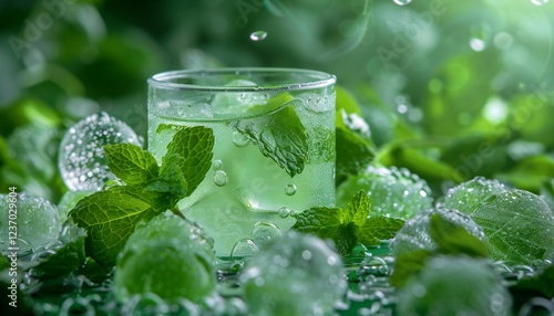 Image of green background with ice and mint mojito drink, advertising concept photo