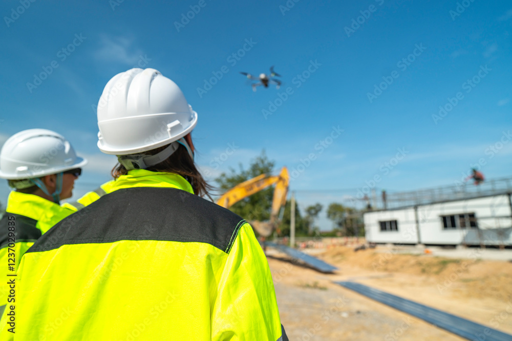 Obraz premium Two engineers in high visibility jackets and helmets observing a drone flying over a construction site, with machinery and modular buildings, highlighting technology and site monitoring.