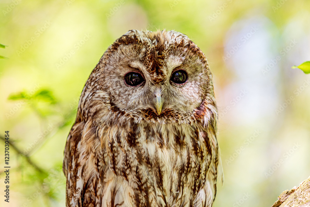 Summer: tawny owl among blurred greens Summer: tawny owl among blurred greens