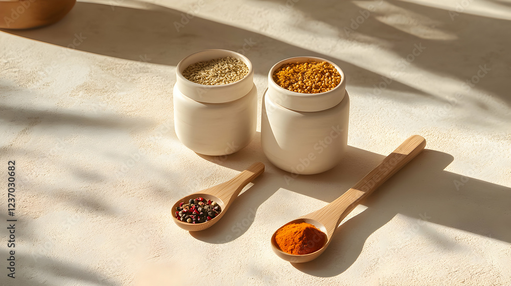 Various spices and seasonings displayed in jars with wooden spoons on a textured surface in natural light during daytime Various spices and seasonings displayed in jars with wooden spoons on a textured surface in natural light during daytime