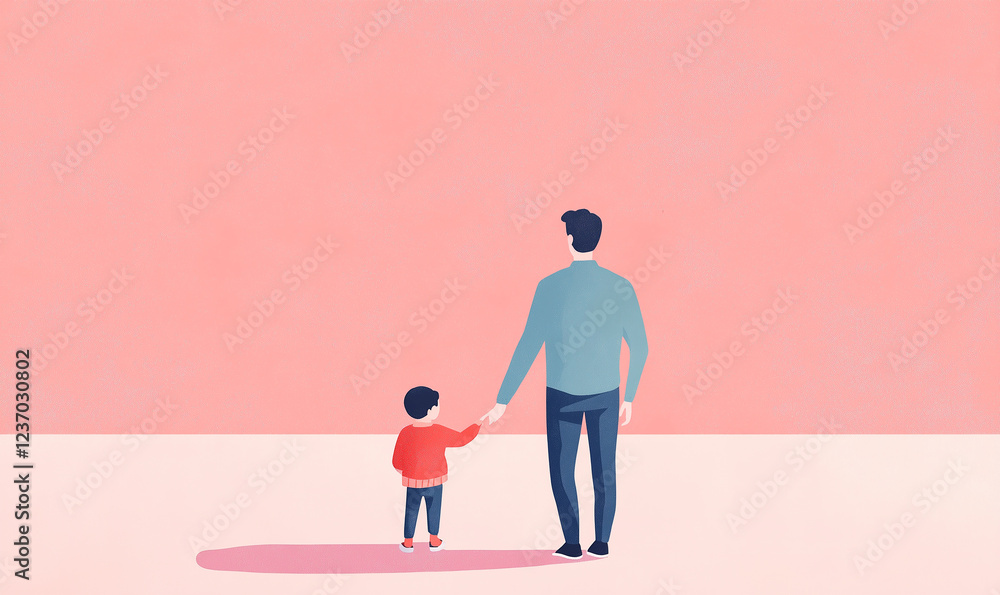 Minimalist illustration of a father and son on a pink background seen from behind. Father's Day concept. Copy space for text. Banner. Card. Poster. Minimalist illustration of a father and son on a pink background seen from behind. Father's Day concept. Copy space for text. Banner. Card. Poster.