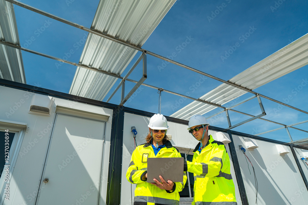 Two engineers in high visibility jackets and helmets working on a laptop at a modular construction site, with steel framework and wiring visible, highlighting teamwork, planning construction. Two engineers in high visibility jackets and helmets working on a laptop at a modular construction site, with steel framework and wiring visible, highlighting teamwork, planning construction.