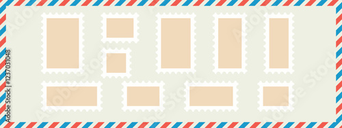 Postage stamp blank templates set. Vector illustration old mail patterns isolated on beige background. Jagged wavy edge forms. Paper postmarks kit. Postal shapes border. Frames for letter.