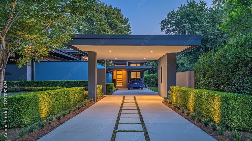 Fototapeta premium A contemporary house with a carport, painted in a duet of ash gray and electric blue