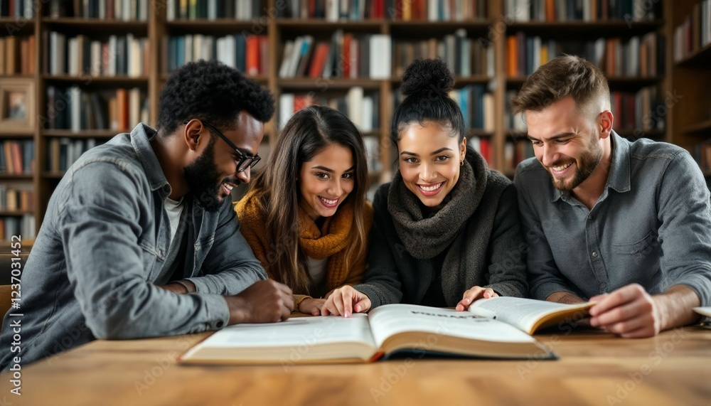Scholarly smiles four friends delve into captivating pages within a storied library Scholarly smiles four friends delve into captivating pages within a storied library