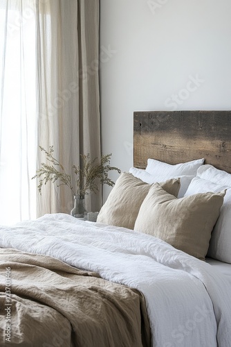 Wallpaper Mural Cozy bedroom featuring organic linen duvet and reclaimed wood headboard with soft curtains Torontodigital.ca
