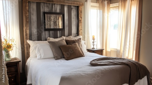 Wallpaper Mural Cozy bedroom featuring organic linen duvet and reclaimed wood headboard with flowing curtains Torontodigital.ca