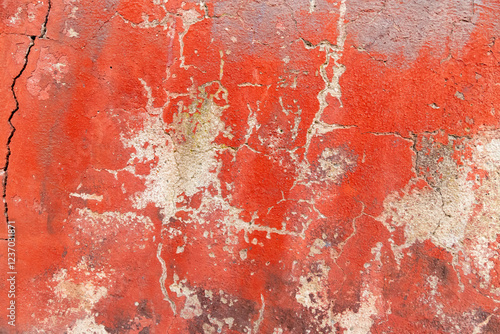 Weathered Red Wall With Cracks and Textured Paint Detail
